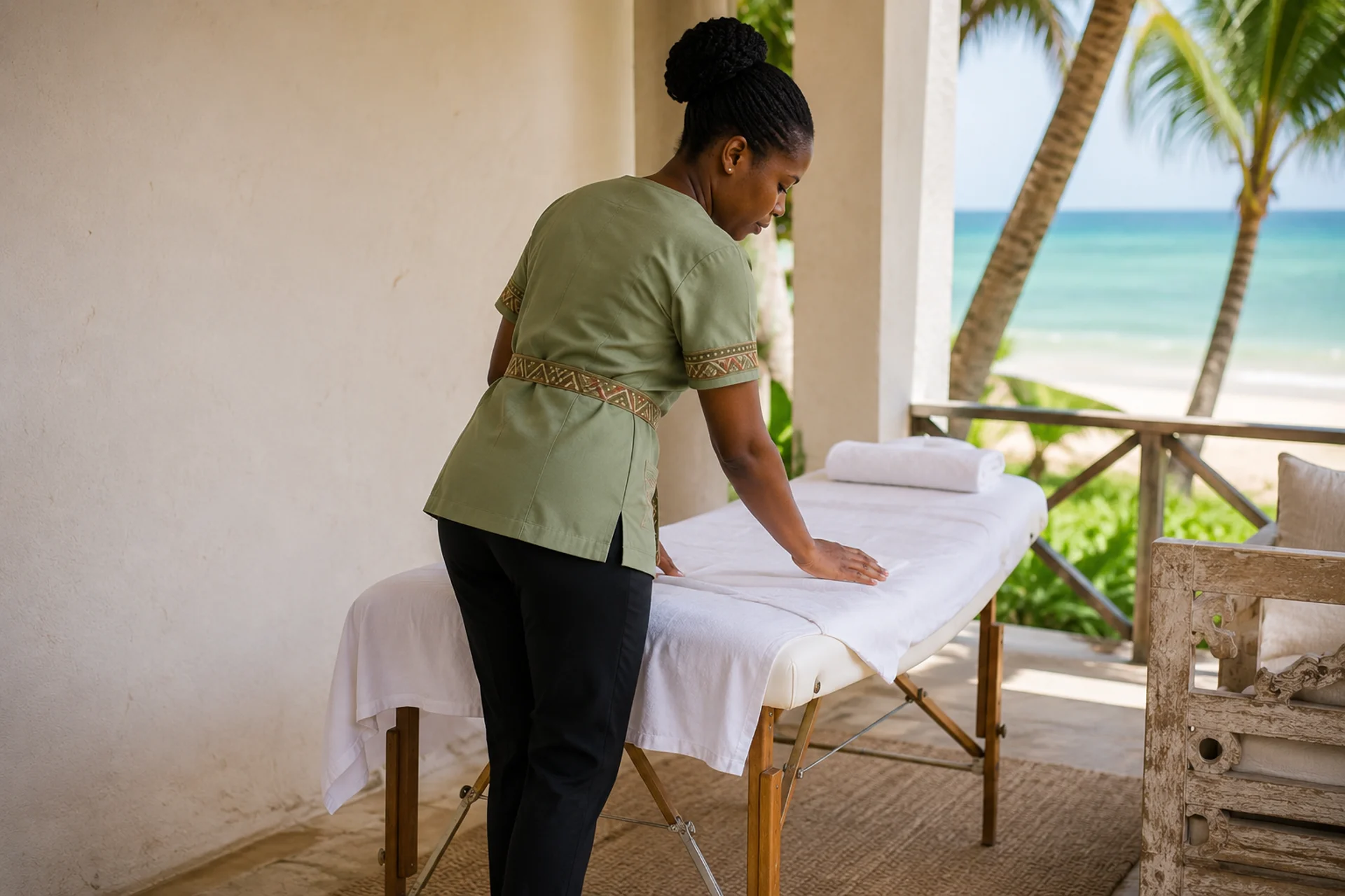 Diani Villa Spa therapist preparing a massage table on a villa terrace with ocean view in Diani Beach