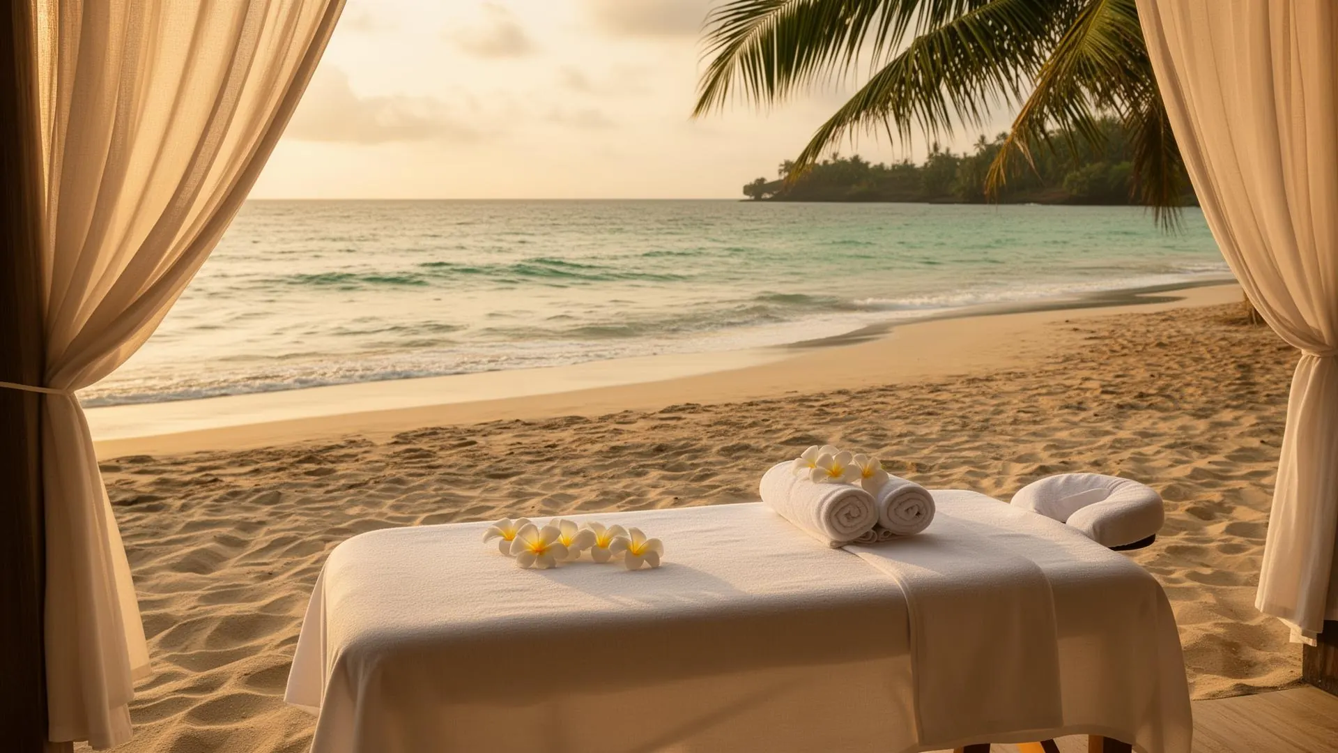 Massage table on Diani Beach at sunset with palm trees and ocean view