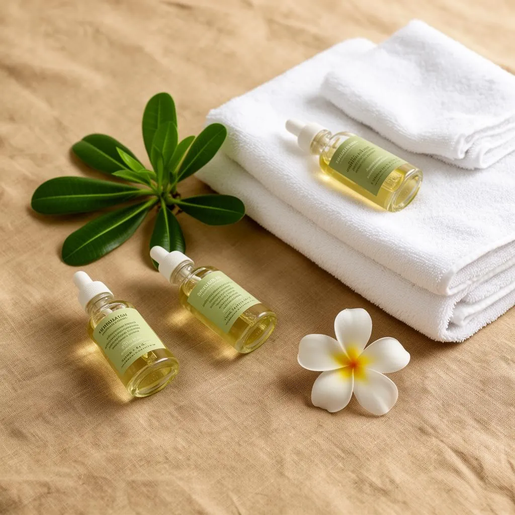 Natural spa oils, towels and frangipani arranged on warm linen